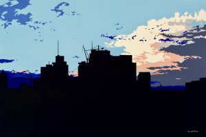 "MTL" by Garrett Porter. An acrylic painting of Montreal's skyline silhouette in front of cloudy, blue sky in Quebec, Canada. Painted in an impressionistic style.