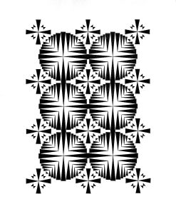 Original geometric ink drawing titled "Soul Refractions - Fresnel Lenses" by Garrett Porter. Features bold and harmonious symmetrical line patterns. Dimensions: 14x17.