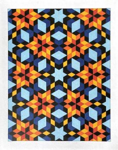 Original geometric ink drawing named "Cosmic Flowers" by Garrett Porter. Features hypnotic and bright geometric hues. Dimensions: 11x14.