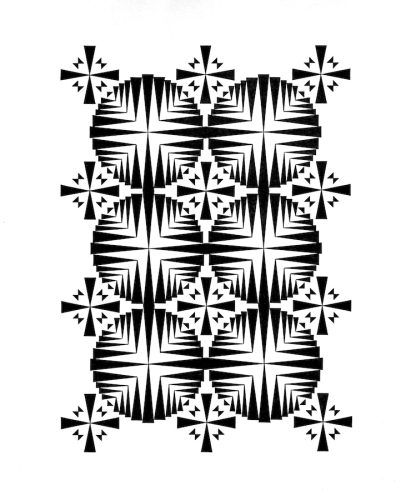 Original geometric ink drawing titled "Soul Refractions - Fresnel Lenses" by Garrett Porter. Features bold and harmonious symmetrical line patterns. Dimensions: 14x17.